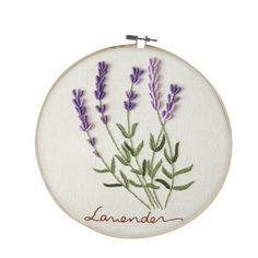 embroidery kit with lavender flowers on white background