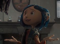 an animated character with blue hair standing in front of a fire place and holding his hands out