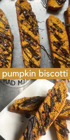 pumpkin biscotti with chocolate drizzled on top and in the middle