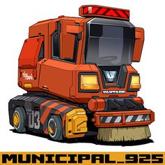 an orange construction vehicle with the words municipal on it's front and back sides