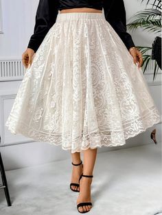 Plus Size Elegant Jacquard Lace Skirt For Summer Maxi Women Outfit Apricot Casual   Lace Plain A Line Slight Stretch  Women Plus Clothing, size features are:Bust: ,Length: ,Sleeve Length: White Lace Skirt Outfit, Womens Plaid Dress, White Lace Skirt, Plus Size Elegant, Wedding Skirt, Lace Pencil Skirt, Summer Maxi, Plus Size Skirts, Women Maxi