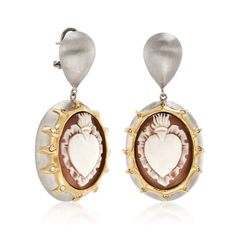 Italian Cameo Shell Sacred Heart Earrings in 18kt Gold Over Sterling Silver, pre-owned. These two-tone pear shape accent drop or dangle Cameo earrings feature the motif of the Sacred Heart. The earrings have both brushed and polished 18kt gold over sterling silver. The Cameo Shell Sacred Heart Cameo Earrings are enhanced with Cubic Zirconia accents. Crafted in Italy. Clip/post, shell cameo earrings. CZ weights are diamond equivalents Metal: Sterling Silver and 18 karat Gold (over sterling)Finish Flaming Heart, Shell Heart, Mesh Necklace, Cameo Earrings, Coin Pendant Necklace, Cameo Jewelry, Silver Jewellery Sets, Earring Sale, Sacred Heart