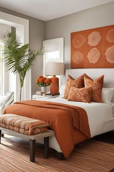 a bedroom with orange and white decor on the walls