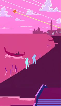 two people are walking on the beach in front of a pink sky and some boats