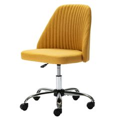 an office chair with wheels and a yellow upholstered seat on a white background