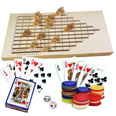 a wooden board game with playing cards and dices