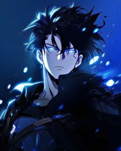 an anime character with black hair and blue eyes