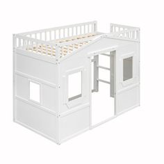 a white bunk bed with two windows on the top and bottom floor, in front of a white background