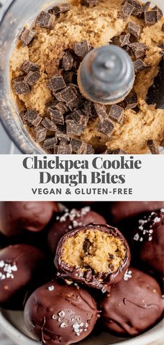 chocolate covered doughnuts in a food processor with the words, chickpea cookie dough bites vegan and gluten - free