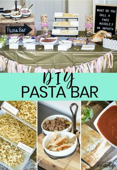 a collage of pictures with pasta bar items