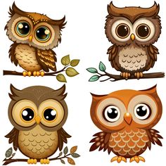 four owls sitting on top of a tree branch