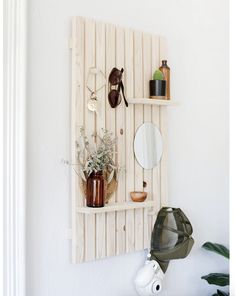 a wall mounted shelf with various items on it and a potted plant next to it