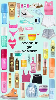 coconut girl wishlist #coconutgirl #wishlist #soldejaniero #soldejaniero39 #sunbum #stanley #bikinis #beauty #vibes #nike #shoes #summer #thebeach #ocean #tan #soldejanierotanlines #donotdisturbperfume Coconut Girl Shoes, Girl Wishlist, Makeup Collage, Wishlist Ideas, Beauty Vibes, Hawaiian Tropic, Sun Bum