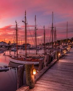 boats are docked in the water at sunset