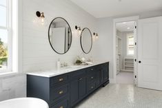 bathrooms with blue vanity - Google Search Navy Blue Bathrooms, Styl Hampton, Blue Bathroom Vanity, Timeless Bathroom, Master Bath Remodel, Boys Bathroom, Bathroom Trends