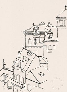 a black and white drawing of houses on top of a hill next to each other