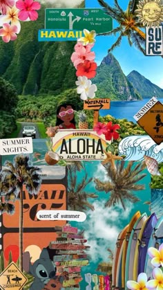 the collage is made up of many different pictures and words, including hawaiian symbols