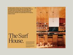 an advertisement for the surf house with wooden cabinets