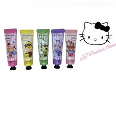 hello kitty hand creams are lined up next to each other