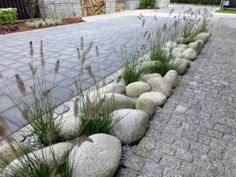 some rocks and grass are lined up along the side of a brick road in front of a house