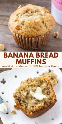 banana bread muffins with cream cheese on top and the words, banana bread muffins