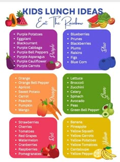 the kids lunch ideas list is filled with fruits and vegetables, including oranges, brocco