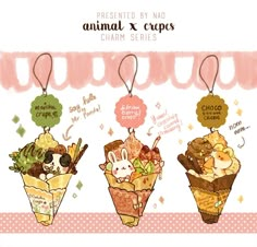 three ice cream cones filled with different types of toppings on top of each other