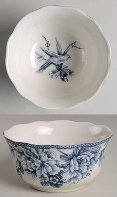 two bowls with blue and white designs on them, one has a bird in the center