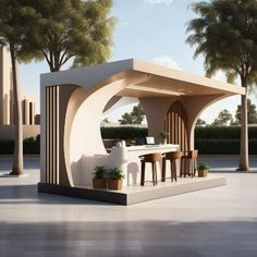 an outdoor dining area in the middle of a courtyard with tables and chairs around it