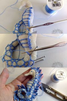 two pictures showing how to make an ornament out of yarn and thread with scissors