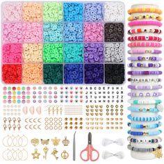 various types of beading and accessories are shown in this image, including scissors, beads,