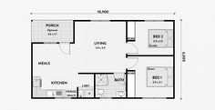 the floor plan for a two bedroom apartment with an attached kitchen and living room area