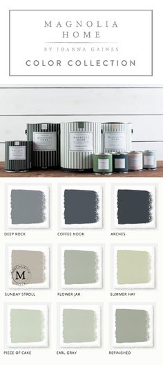 the color scheme for magnolia home's new paint collection is shown in shades of gray,