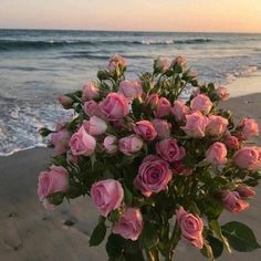 a bouquet of pink roses sitting on top of a sandy beach next to the ocean