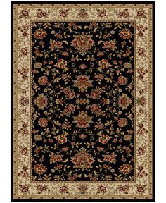 a black rug with red and white flowers on it, in the middle of an ornate border