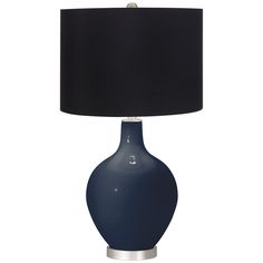 a blue table lamp with a black shade on the base and a silver metal base