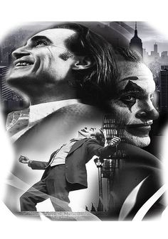 black and white photograph of two men in suits, one with his face painted like the joker