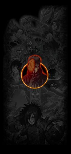 the anime character is surrounded by black and red characters, with orange circles around them