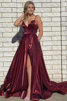 A-line Spaghetti Straps Satin Long Prom Dress Backless Evening dress,WP125 Aline Gown, Burgundy Evening Gown, Burgundy Formal Dress, Prom Dresses Burgundy, Burgundy Evening Dress, Backless Evening Dress, Prom Dresses With Pockets, Spaghetti Strap Prom Dress, Elegant Prom Dresses