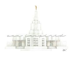 a drawing of a white building with a gold statue on top