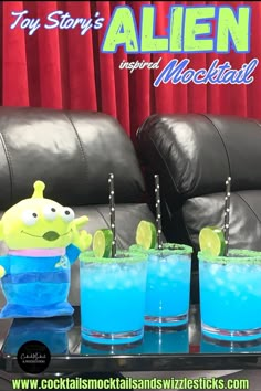 This image shows three blue drinks with lime green rims with black star straws and a lime wheel granish with a Toy Story Alien plush in a home theater Toy Story Inspired Drinks, Toy Story Themed Cocktails, Toy Story Themed Movie Night, Toy Story Alcohol Drinks, Toy Story Themed Drinks, Alien Drinks Alcohol, Toy Story Movie Night Ideas, Toy Story Cocktails, Toy Story Movie Night Food