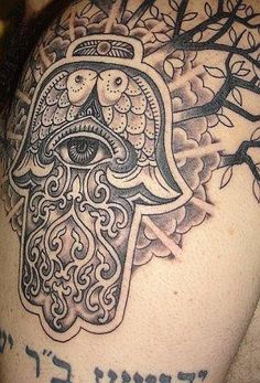 a hamsa tattoo on the back of a woman's shoulder, with an all seeing eye