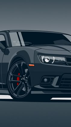 the front end of a black chevrolet camaro on a gray background with red spokes