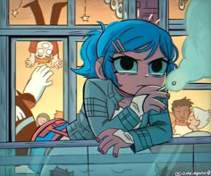 a cartoon girl with blue hair and glasses looking out the window at other people in the background