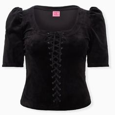 Betsey Johnson Black Velvet Puff Sleeve Corset Top Description Your Velvet Dreams Come True In This Statement Top Featuring A Lace-Front Design And Puff Sleeves. A Bold, Limited-Edition Collection That Recreates Vintage Betsey Johnson Designs In Our Unparalleled Torrid Fit. Velvet Knit Fabric Lace-Up Front Scoop Neck Short Puff Sleeves Content + Care Polyester/Spandex Wash Cold, Line Dry Imported Plus Size Tops Size + Fit - See Torrid Size Guide Puff Sleeve Corset Top, Velvet Puff Sleeve, Velvet Knit, Velvet Corset, Vintage Betsey Johnson, Fitted Wedding Dress, Sequin Tank Tops, Fashion Website, Deep Black