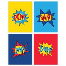 four pop art prints with the word pow on them in different colors and shapes,