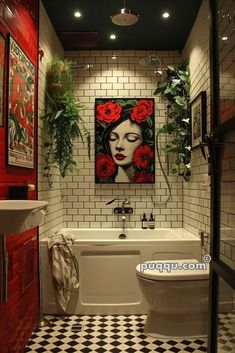 a bathroom with black and white checkered flooring, red walls and painting on the wall