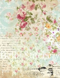 an old fashioned paper with flowers and writing on the bottom, in pastel colors