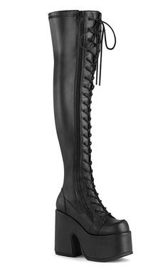 Awesome stretch thigh-high boots in matte black vegan leather with laces alllll the way up! Full-length zip for easy on and off. The Camel series is the ultimate chunky platform boot. Whether you're looking to make a statement or just a new staple, your wardrobe will love these babies! Vegan Black PU leather 127mm (5-inch) heel 75mm (3-inch) platform Black lace up Rear zipper Women's U.S sizing - refer to size chart for more info Please note: these heels are in our warehouse, ready to ship. If y M83 Outro, Velvet Thigh High Boots, Rave Boots, Thigh High Platform Boots, Stretch Thigh High Boots, Boots Png, Leather Thigh Boots, Demonia Boots, Boots Goth