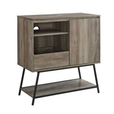 an entertainment center with a wooden cabinet and metal legs